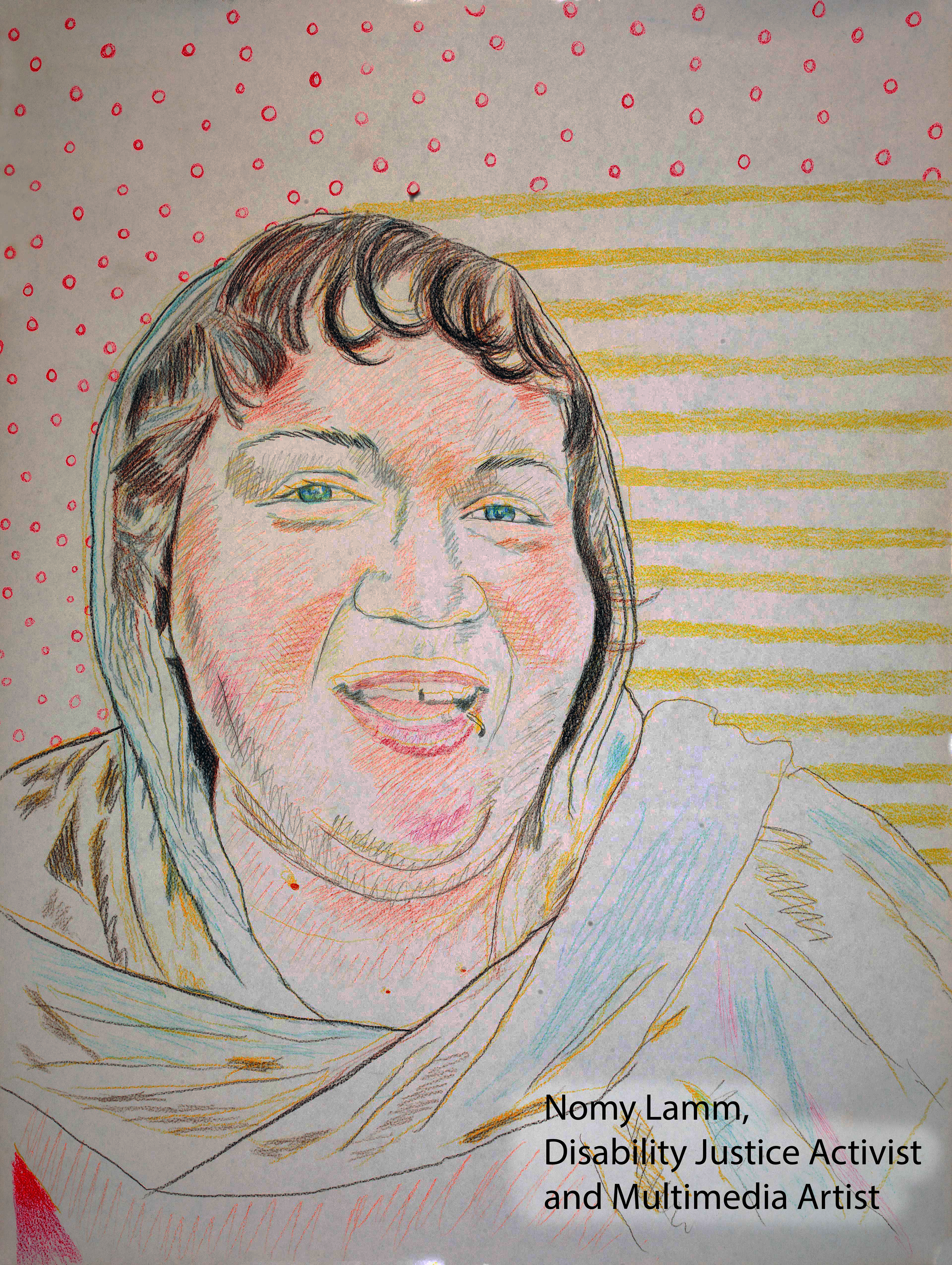 Colored pencil drawing of Nomy Lamm, Disability Justice Activist and Multimedia Artist.